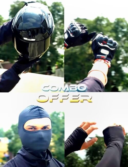 Combo SBH-25 Sharp Glossy Black+Black Visor+Gloves+Balaclava+Sleevs